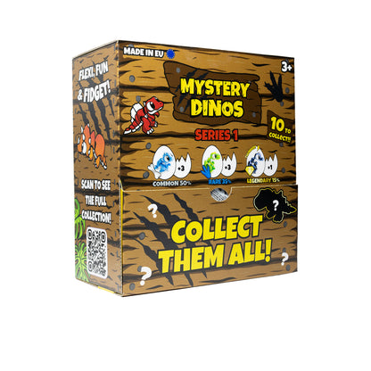 Retail display box with 24 Mystery Dinosaurs Series 1 packs – close-up of the contents