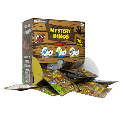 Retail display box with 24 Mystery Dinosaurs Series 1 packs – rear view