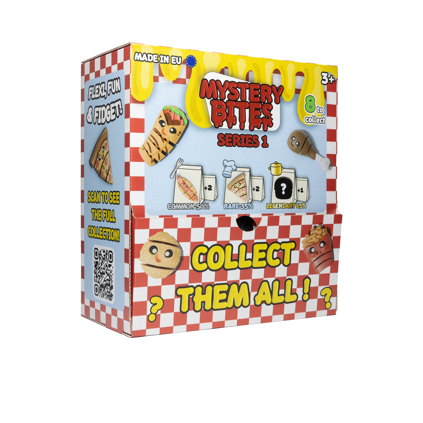 Verkaufsbox mit 24 Mystery-Bites-Päckchen der Serie 1 – Detailaufnahme des Inhalts