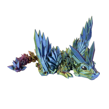 Winged Crystal Baby Dragon – 3D printed flexi dragon in holographic blue-yellow-fuchsia